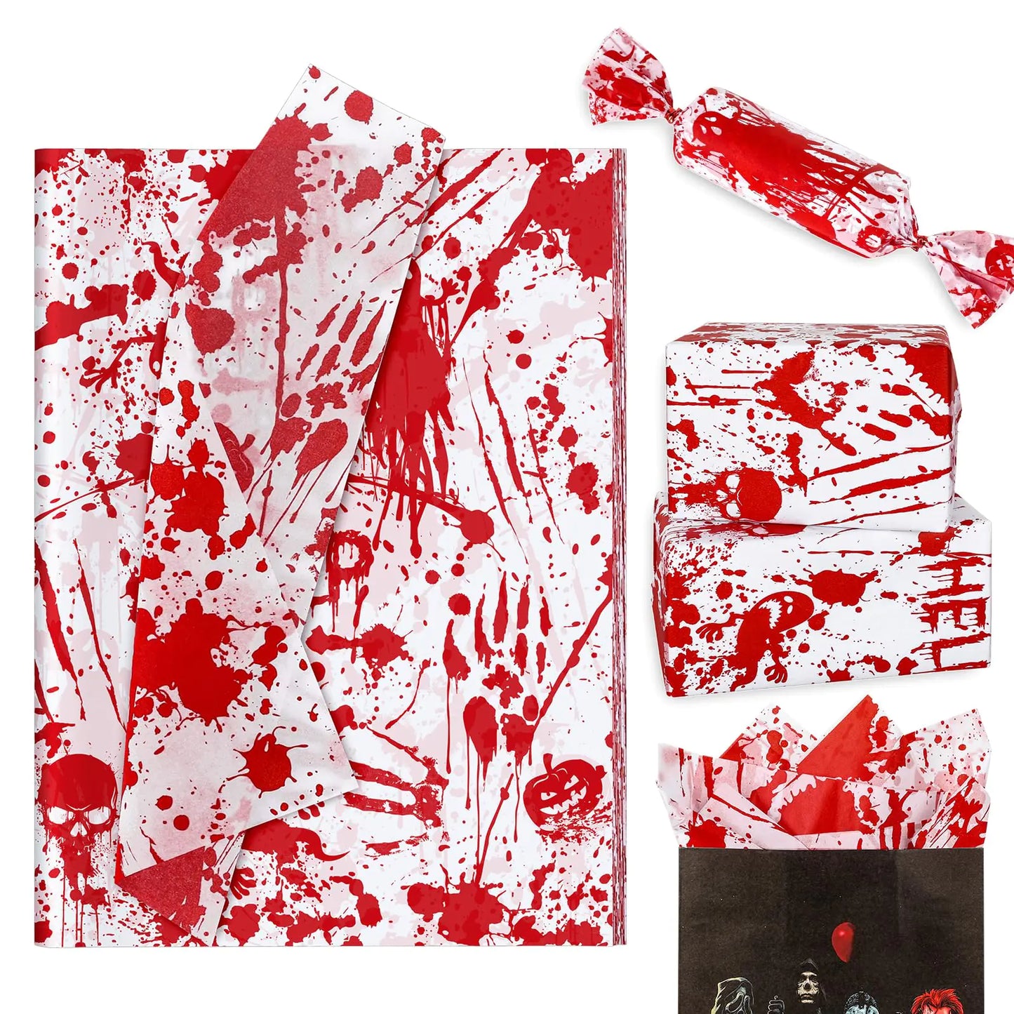 AnyDesign Halloween Bloody Tissue Paper Bloody Handprint Ghost Pumpkin Gift Wrapping Paper Horror Wrap Tissue Paper for Gift Wrapping Halloween Birthday Party Favor 13.8 x 19.7 Inch 60 Sheet
