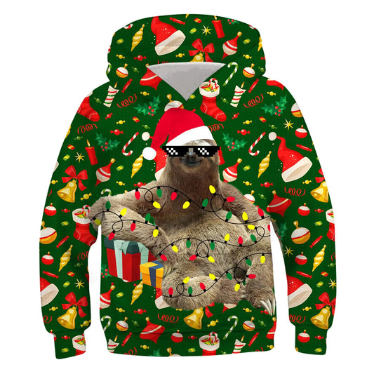 ZenGents Kids Christmas Sweater for Boys Girls 2024 Ugly Xmas Green Sloth Hoodies Size 10 12 Sweatshirt Santa Holiday Party Clothes Outfits 8 9 11 Years