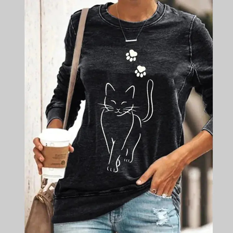 Cat Print Long Sleeve Round Neck Pullover women T-Shirt.