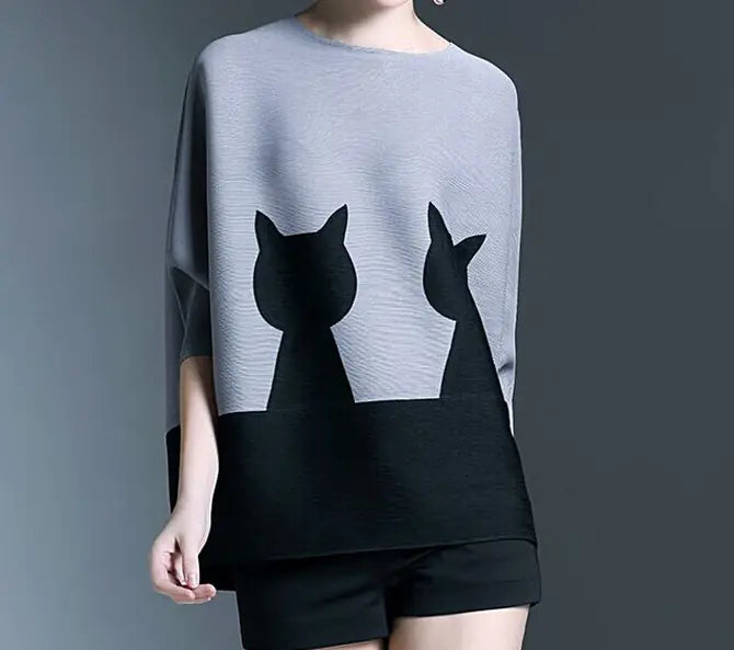 Loose-Fit Cat Print Top with Ruffled Sleeves for Women