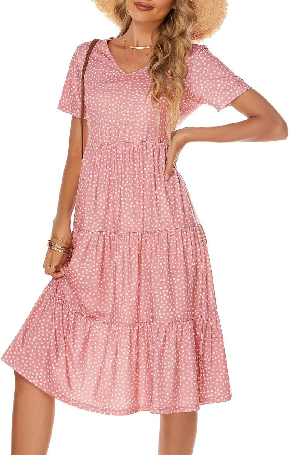 Women'S Casual Summer Tiered Midi Dress 2025 Short Sleeve V-Neck Loose 