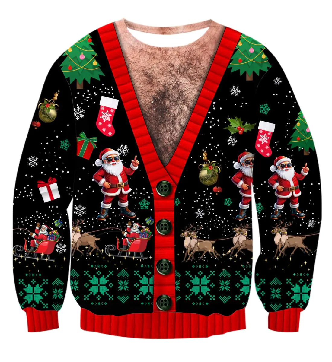 AIDEAONE Ugly Christmas Sweater for Men Women 3D Fake Two-Piece Hairy Chest Printed Sweatshirt Xmas Couple Clothes Santa Claus Top S