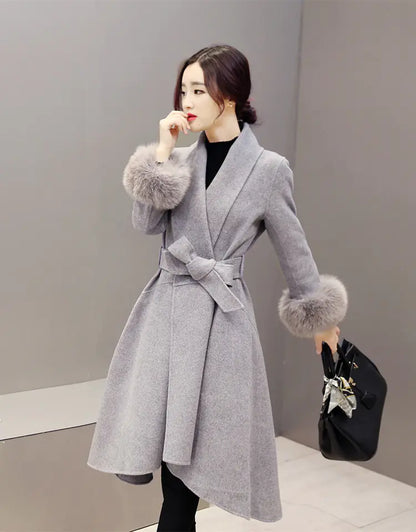 Women's Long Wool Blend Coat with Fox Fur Trim
