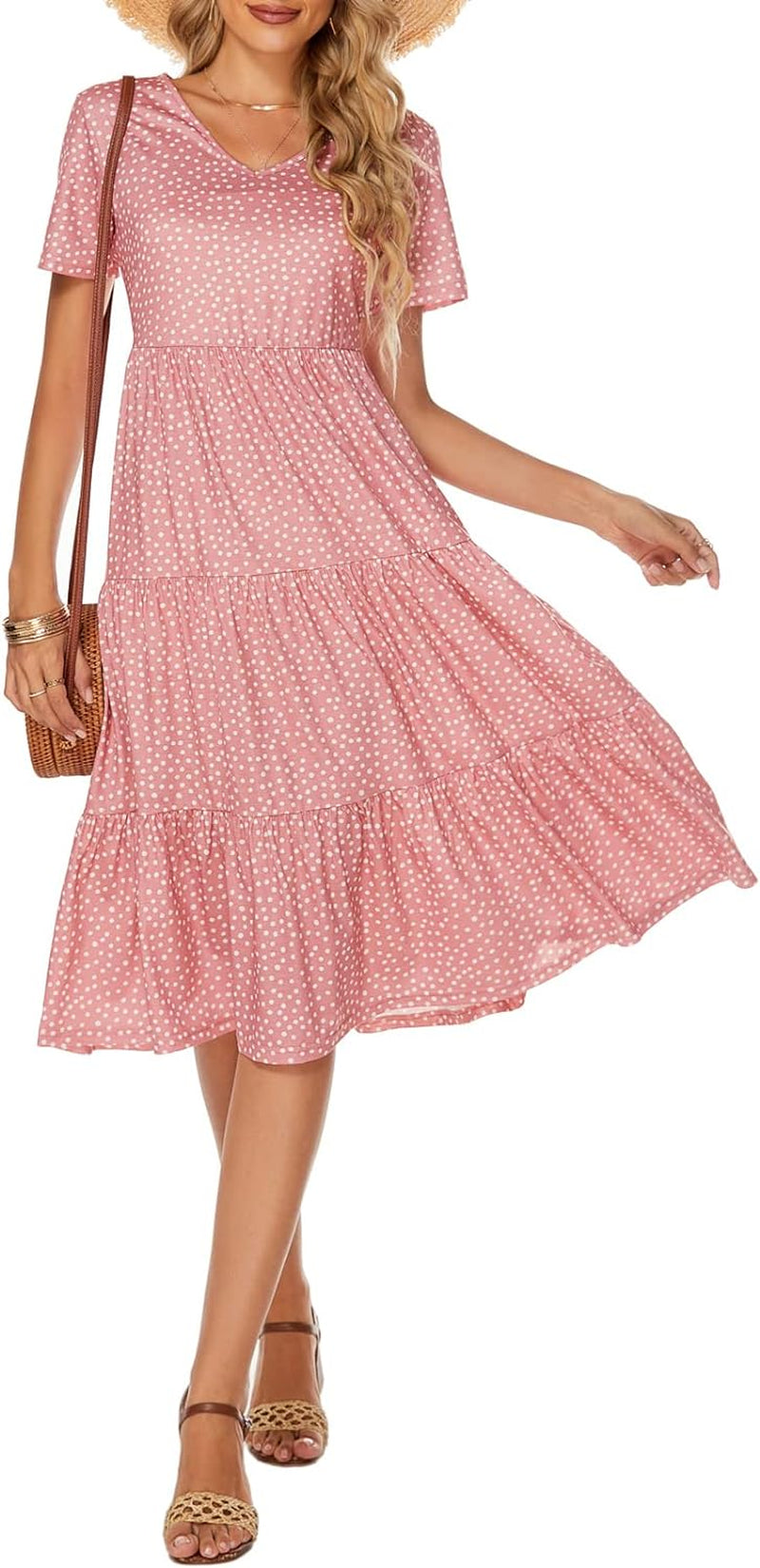 Women'S Casual Summer Tiered Midi Dress 2025 Short Sleeve V-Neck Loose 