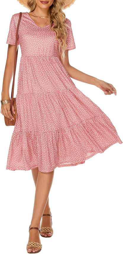 Women'S Casual Summer Tiered Midi Dress 2025 Short Sleeve V-Neck Loose 