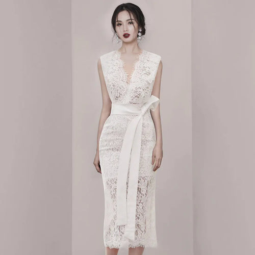 V-Neck Lace Party Dress with Waist Tie