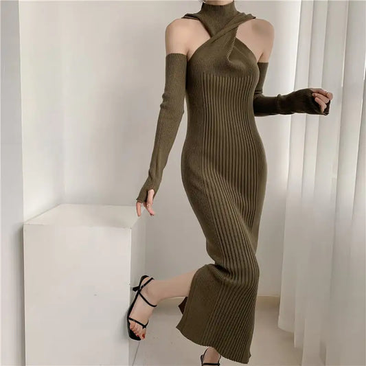 High-Grade French Off-Shoulder Knitted Dress for Women