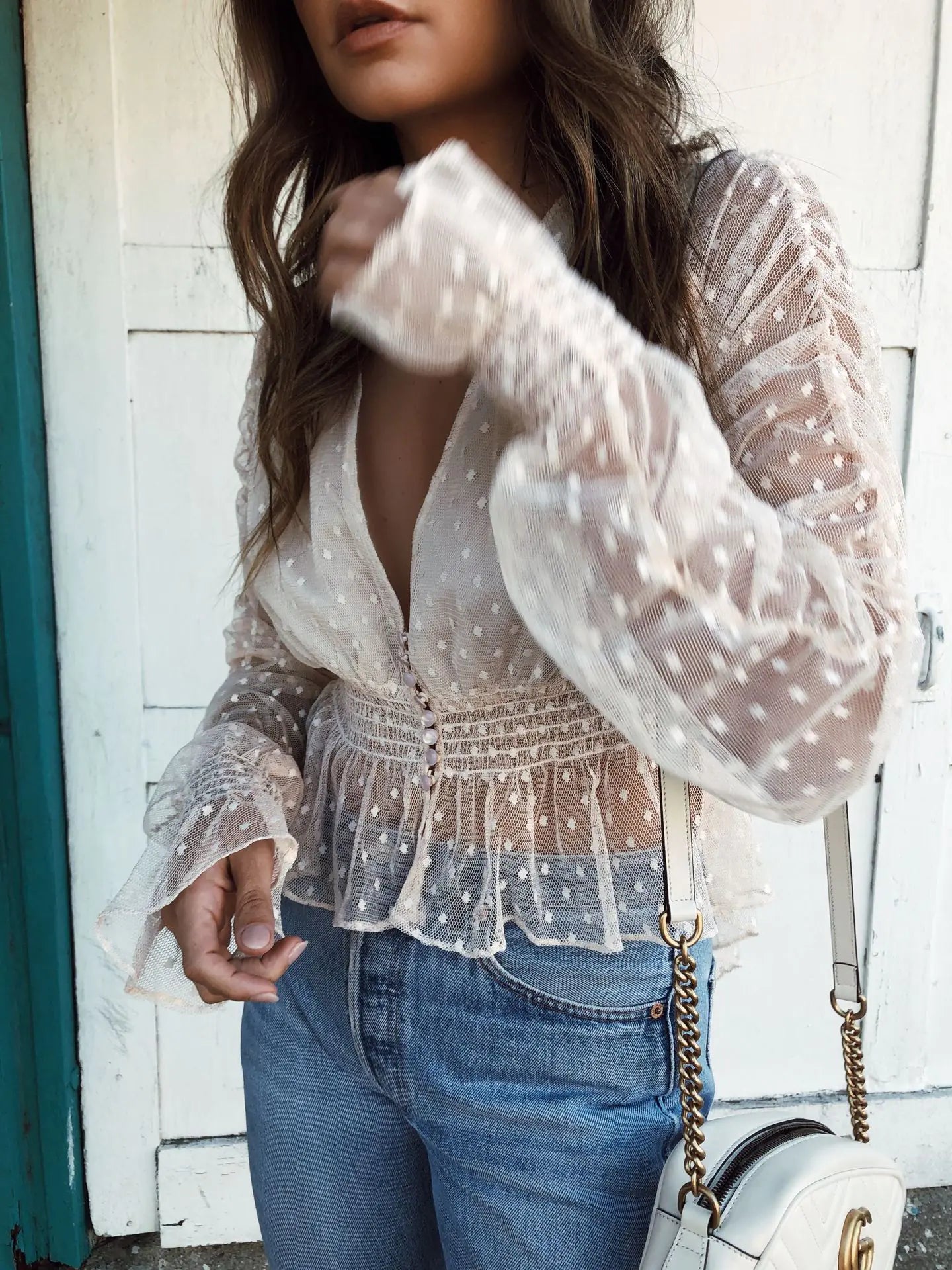 V-Neck Lace Flare Sleeve Elegant Top.