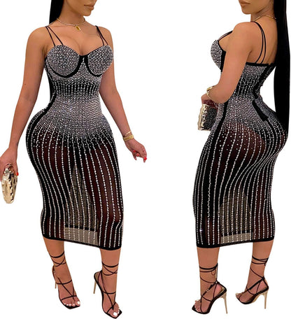 Women Long Sleeve Birthday Dresses Sexy Hot Diamond Process Sexy Dress Party