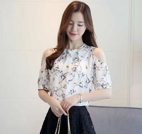 Loose Floral Chiffon Off-Shoulder Blouse.