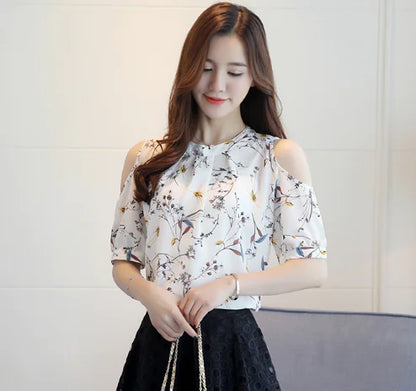 Loose Floral Chiffon Off-Shoulder Blouse.