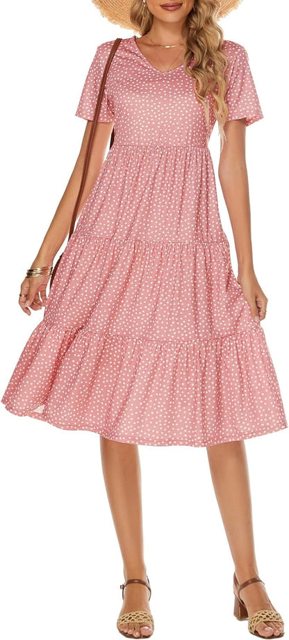 Women'S Casual Summer Tiered Midi Dress 2025 Short Sleeve V-Neck Loose 