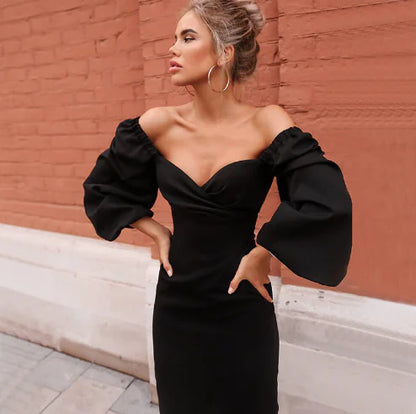 Sexy Mid-Length Dress with Puff Sleeves for Women.