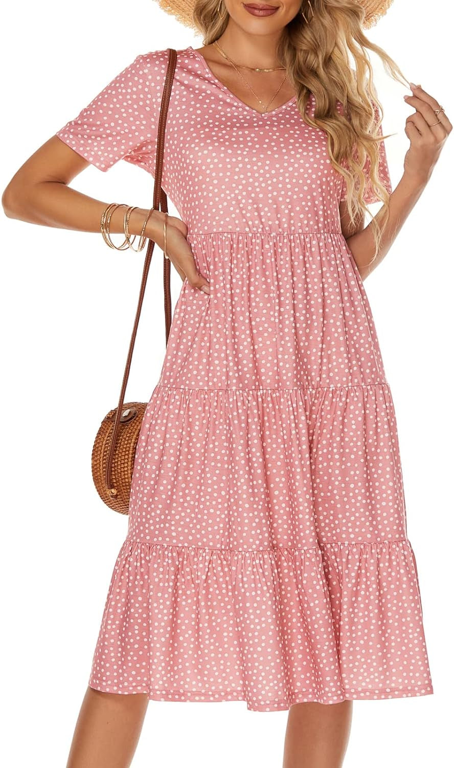 Women'S Casual Summer Tiered Midi Dress 2025 Short Sleeve V-Neck Loose 