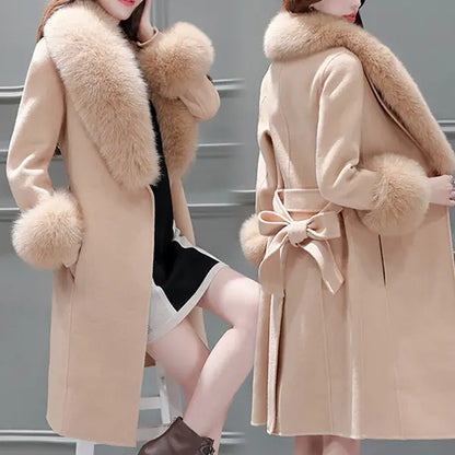 Women's Long Wool Blend Coat with Fox Fur Trim