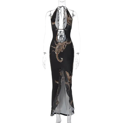Women's Fashion Printed Halter Strap Maxi Dress.