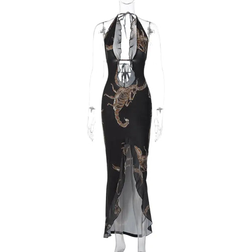 Women's Fashion Printed Halter Strap Maxi Dress.