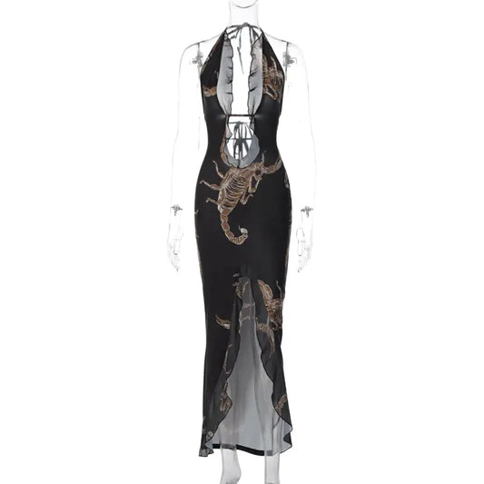 Women's Fashion Printed Halter Strap Maxi Dress.