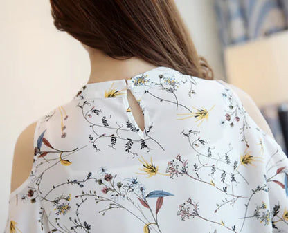 Loose Floral Chiffon Off-Shoulder Blouse.