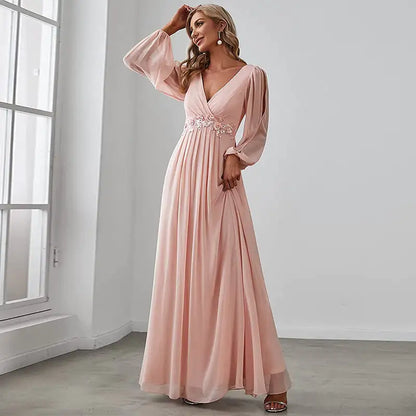 V-neck Evening Dress in Pure Color for Women.
