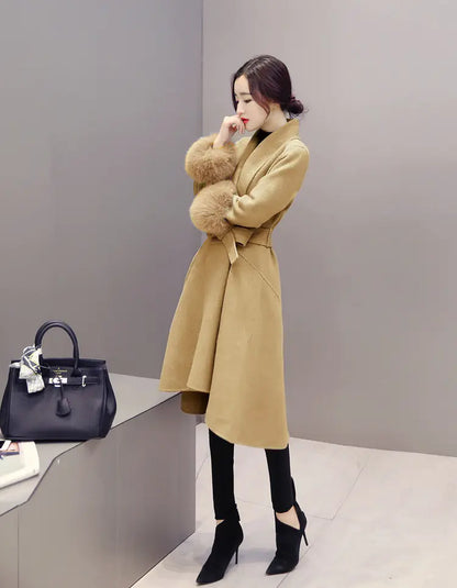 Women's Long Wool Blend Coat with Fox Fur Trim