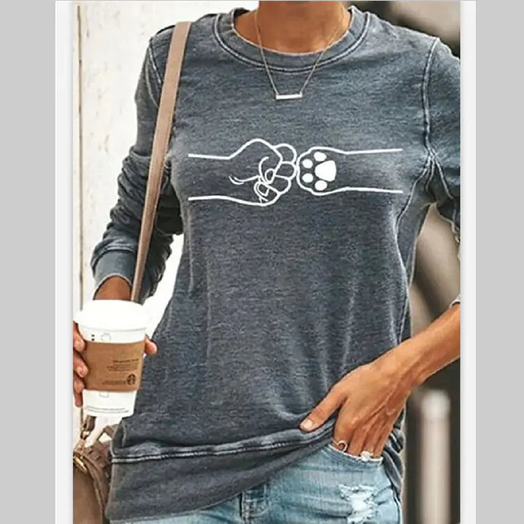 Cat Print Long Sleeve Round Neck Pullover women T-Shirt.