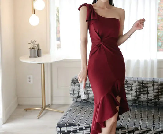 One-Shoulder Ruffle Hem Midi Dress with Fishtail