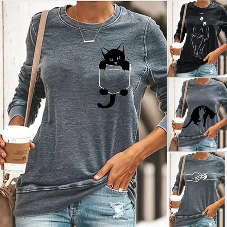 Cat Print Long Sleeve Round Neck Pullover women T-Shirt
