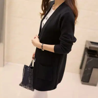 V-neck Mid-length Knitted Cardigan with Pockets