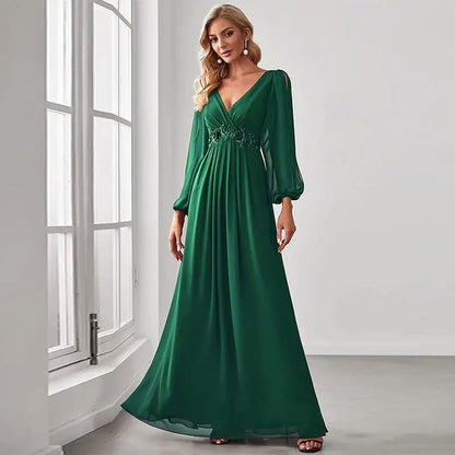 V-neck Evening Dress in Pure Color for Women.