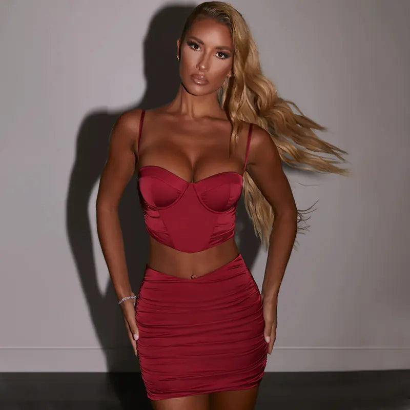 Women's Satin Two-Piece Set with Dress and Skirt