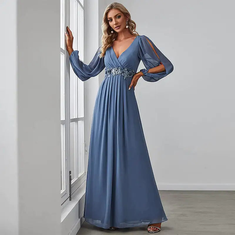 V-neck Evening Dress in Pure Color for Women.