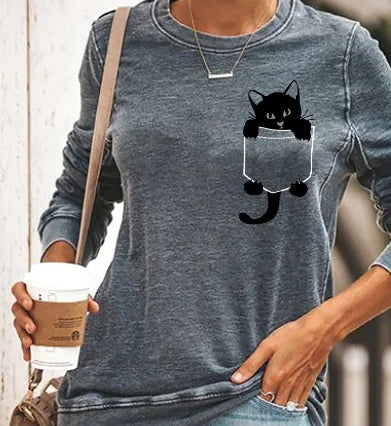 Cat Print Long Sleeve Round Neck Pullover women T-Shirt.