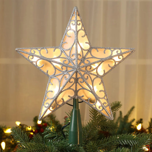 Brizled 9.5” Christmas Star Tree Topper Glittered Silver Treetop Star 3D Star Christmas Tree Topper with 10 Lights UL Certified Lighted Xmas Tree Topper for Christmas Tree Decorations