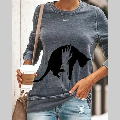 Cat Print Long Sleeve Round Neck Pullover women T-Shirt.