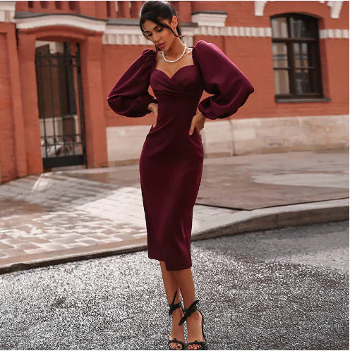 Sexy Mid-Length Dress with Puff Sleeves for Women.