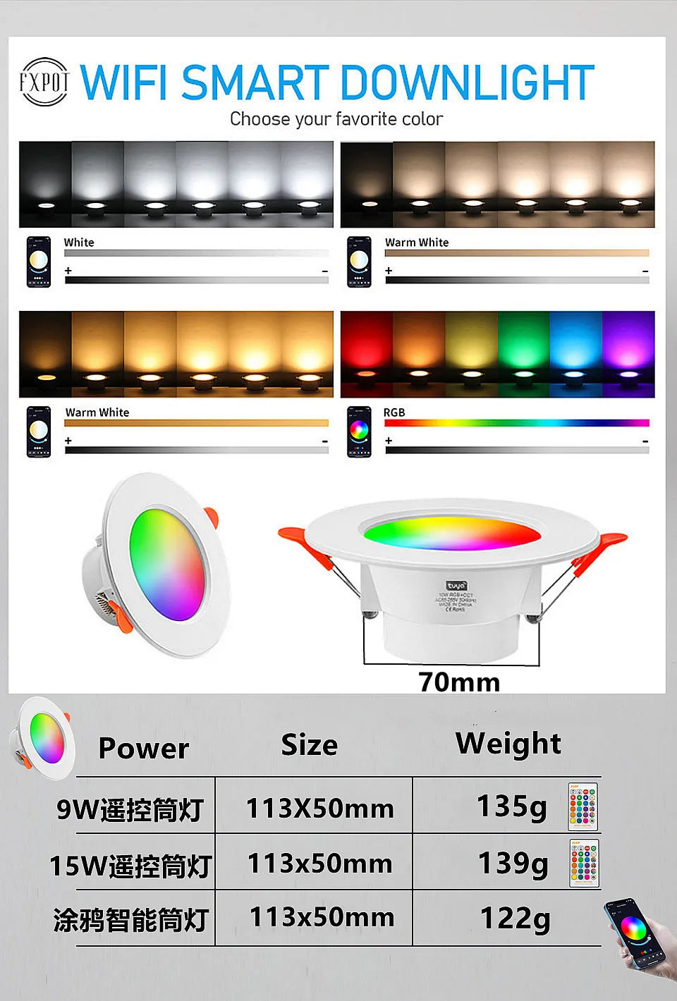 TUYA  LED Downlight Dimmable AC85-265V 10W 15W  Intelligent Graffiti Control Voice APP RGB CW Full Color Spot Ceiling Recessed