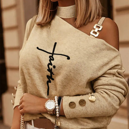 Diagonal Shoulder Chain Long Sleeve Top.