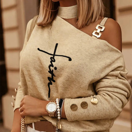 Diagonal Shoulder Chain Long Sleeve Top.