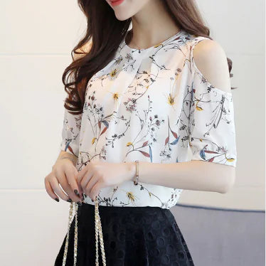 Loose Floral Chiffon Off-Shoulder Blouse.