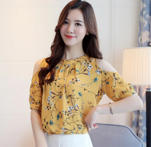 Loose Floral Chiffon Off-Shoulder Blouse.