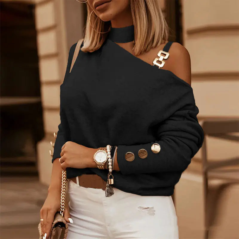 Diagonal Shoulder Chain Long Sleeve Top.