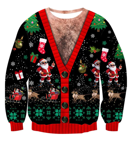 AIDEAONE Ugly Christmas Sweater for Men Women 3D Fake Two-Piece Hairy Chest Printed Sweatshirt Xmas Couple Clothes Santa Claus Top S