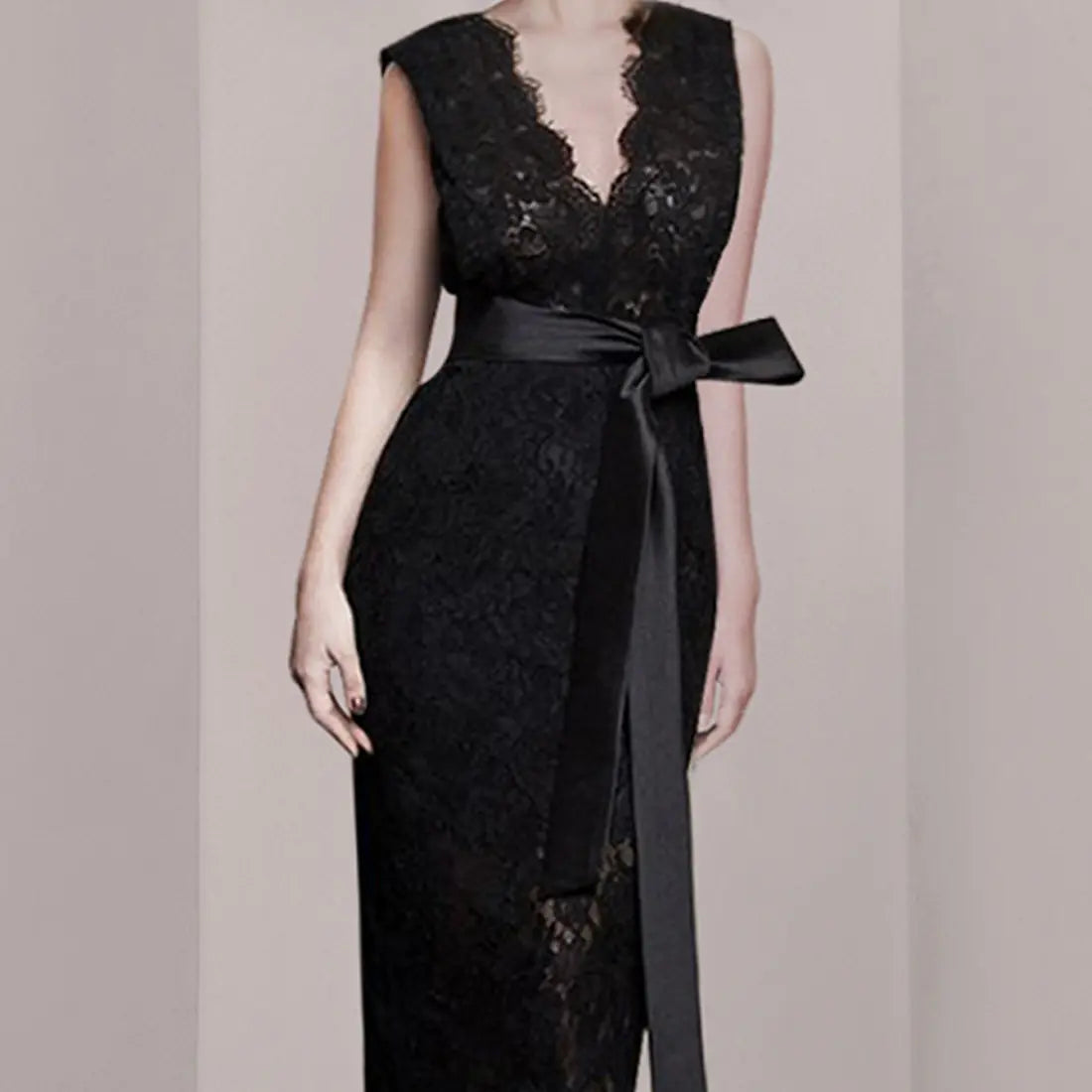 V-Neck Lace Party Dress with Waist Tie