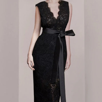 V-Neck Lace Party Dress with Waist Tie