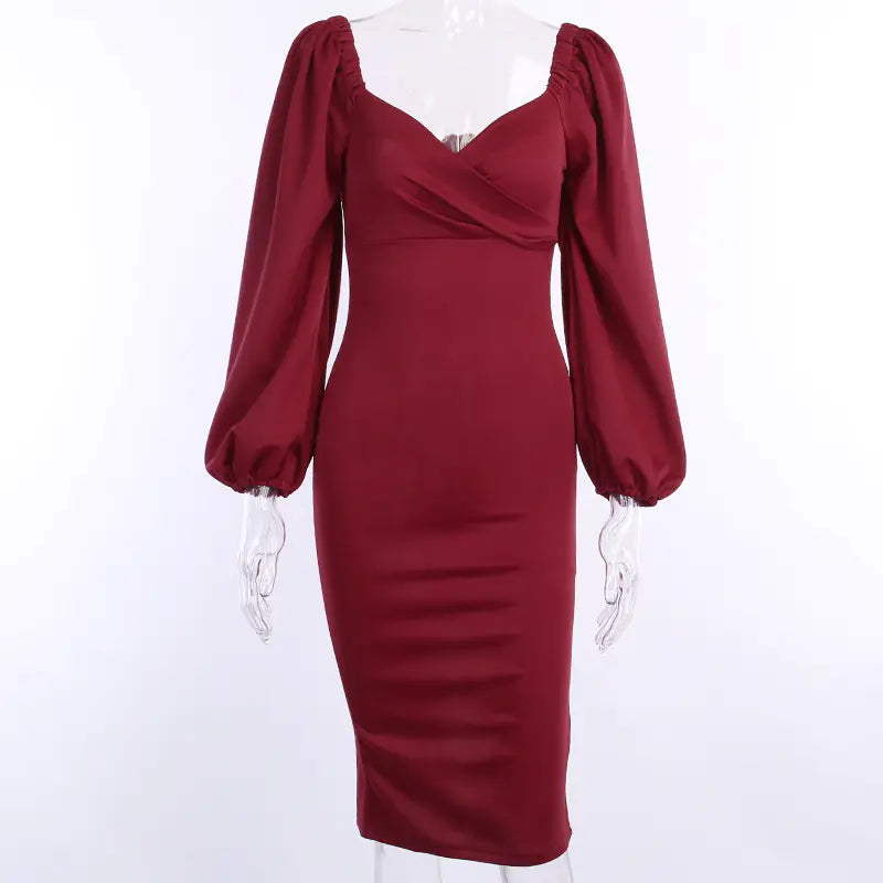Sexy Mid-Length Dress with Puff Sleeves for Women.
