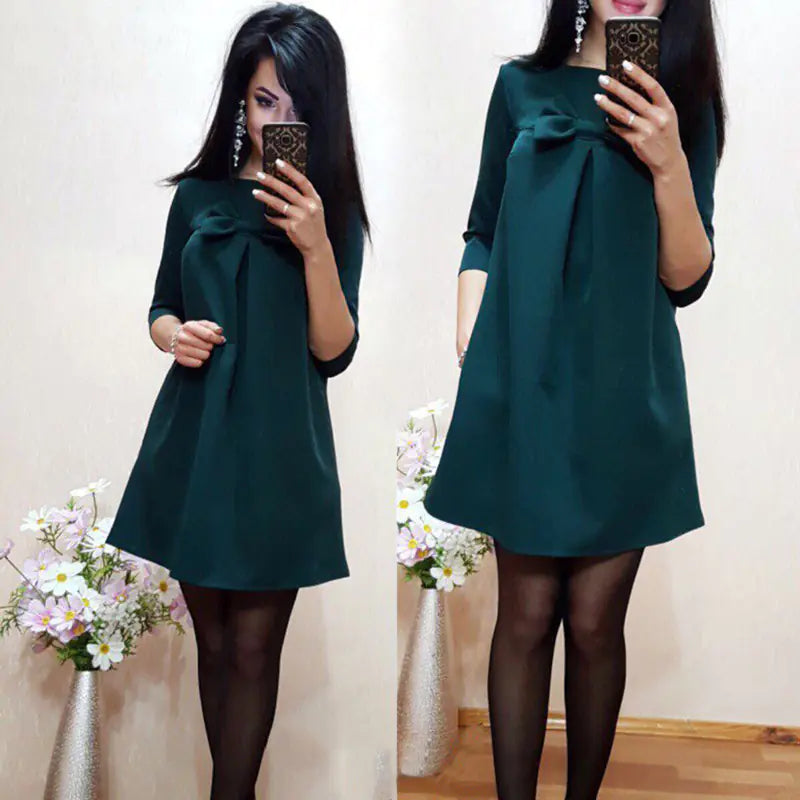 Solid Color Dress with Bow Tie and Half Sleeves