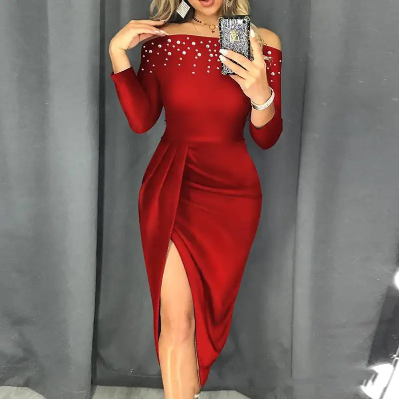 Off-Shoulder 2025 Bubble Beads Split Dress for Women