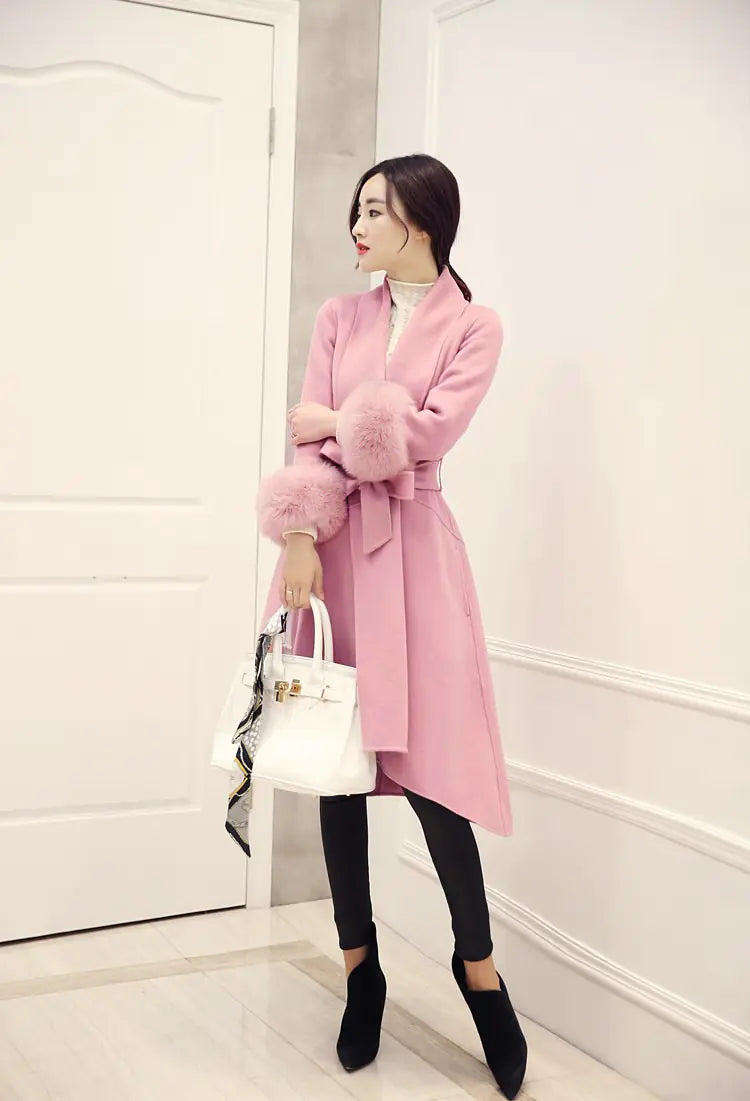 Women's Long Wool Blend Coat with Fox Fur Trim