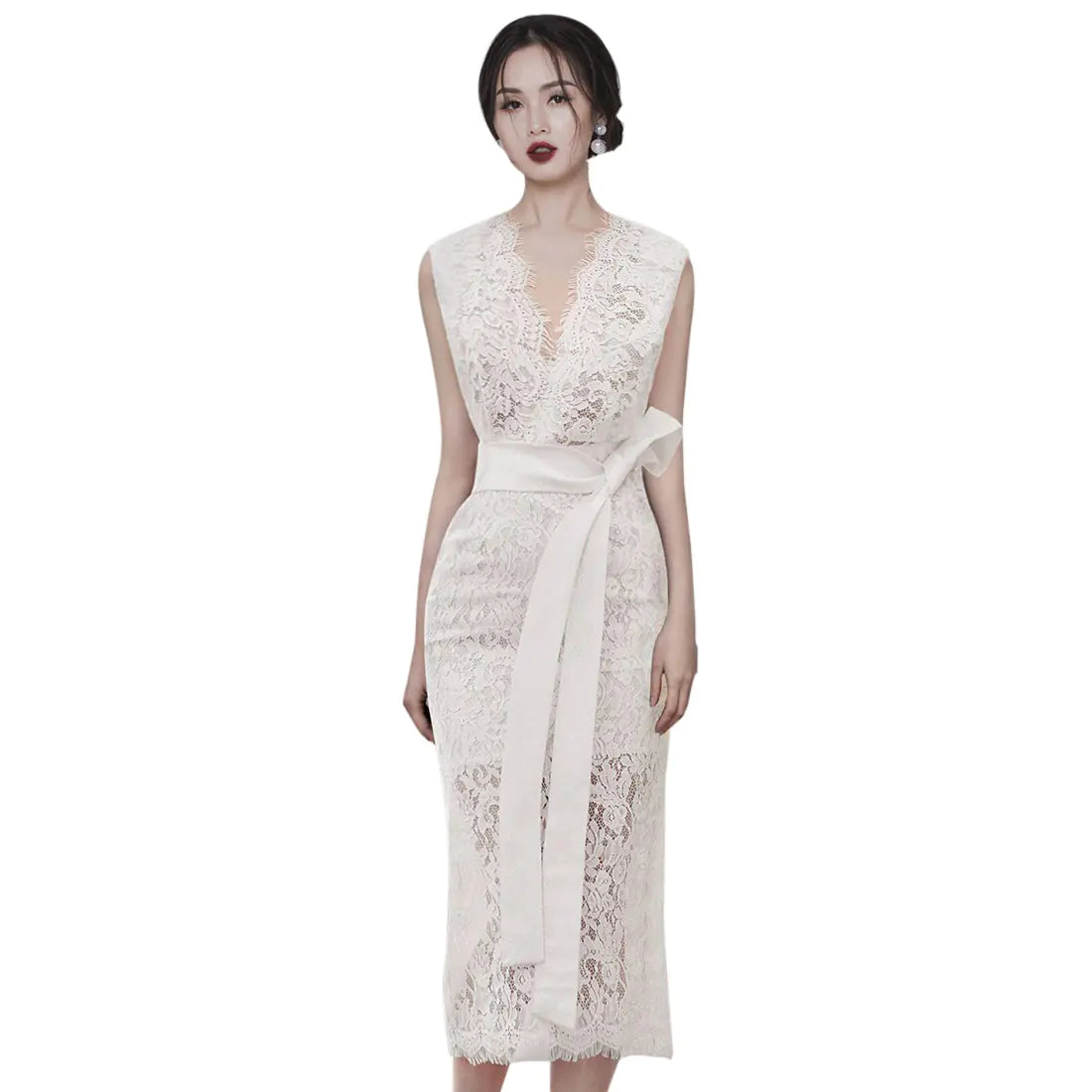 V-Neck Lace Party Dress with Waist Tie
